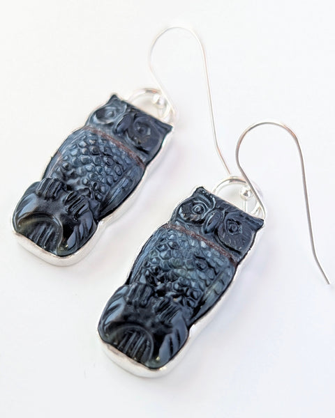Blue Tigers Eye Owl Earrings