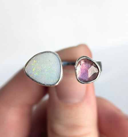 Boulder Opal Doublet and Tourmaline Ring, size 10-11