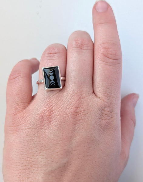 Black Onyx Moon Phase Ring, Size 7.5