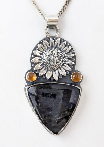 Iolite and Yellow Onyx Sunflower Necklace