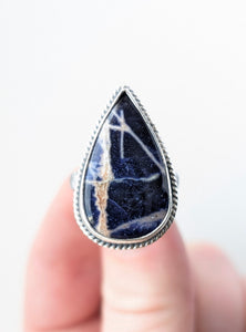 Sodalite with orange calcite Ring, Size 8