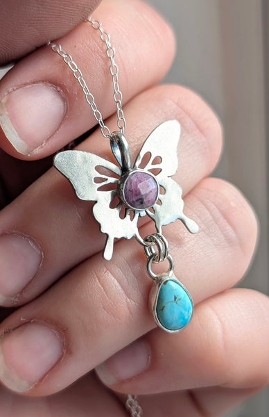 Ruby and Turquoise Butterfly Necklace