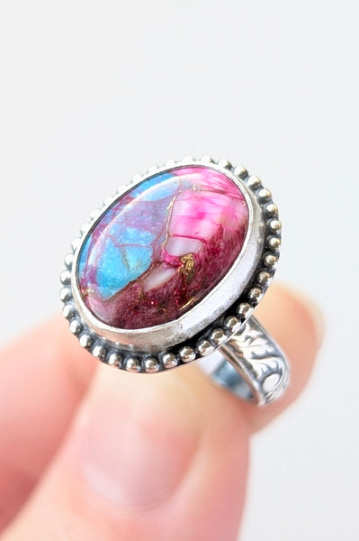 Spiny Oyster and Kingman turquoise mix Ring, Size 5.5