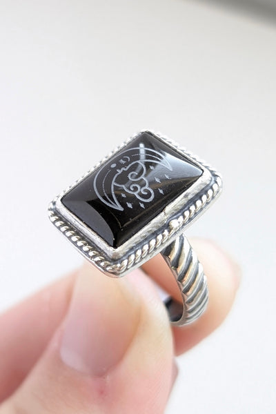 Engraved Black Onyx Ring, Size 7