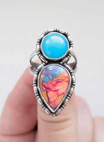 Caribbean Chalcedony and Turquoise Ring, Size 10.5