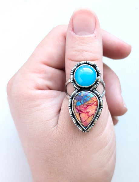 Caribbean Chalcedony and Turquoise Ring, Size 10.5