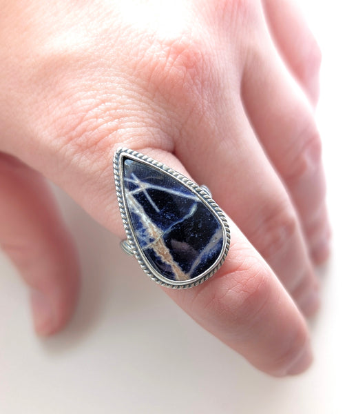 Sodalite with orange calcite Ring, Size 8