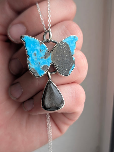 Turquoise Butterfly and Silver Sheen Obsidian Necklace