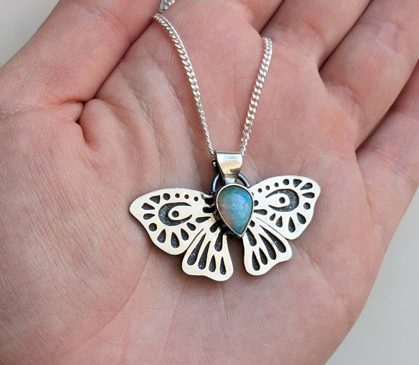 Sterling Silver Opal Moth Necklace