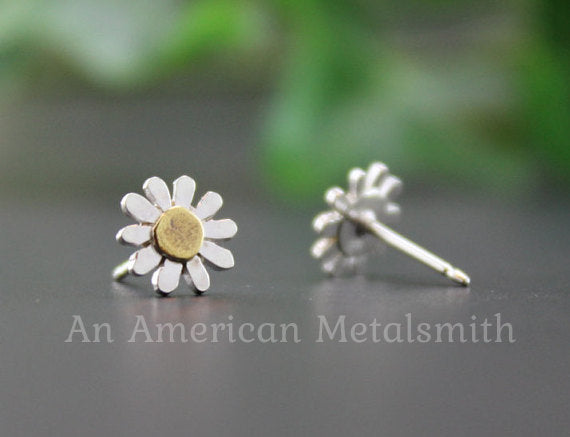 Sterling silver brass daisy earrings handmade by An American Metalsmith