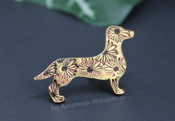 Brass dachshund pin with daisy stamps made by An American Metalsmith