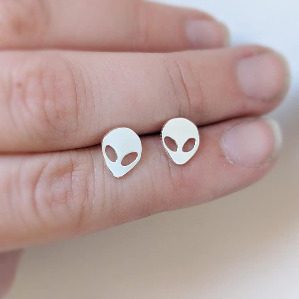Sterling silver space, alien earrings made by An American Metalsmith