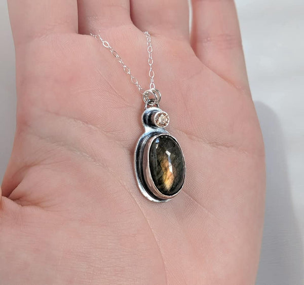 Sterling Silver Labradorite and CZ Necklace handmade by An American Metalsmith